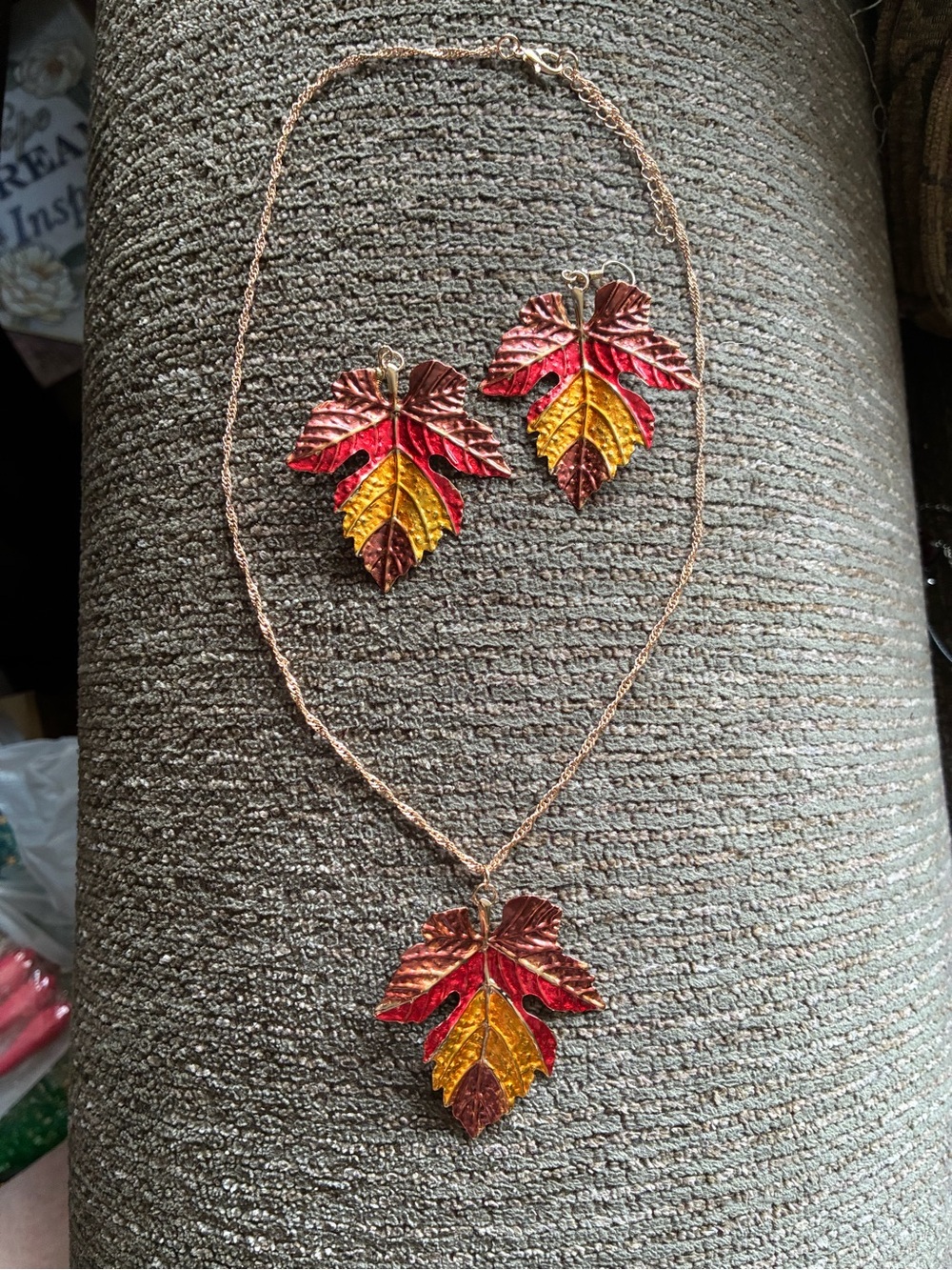 Autumn Leaf Pendant Necklace and Earring Set - Red, Yellow, Brown